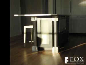Painted Kitchen Island Cabinets with Stainless Steel Columns and Laminated Glass Panel in Strathmere, NJ