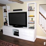 Unlike the rift sawn white oak entertainment center, this entertainment center was painted with white milk paint for an aged look.